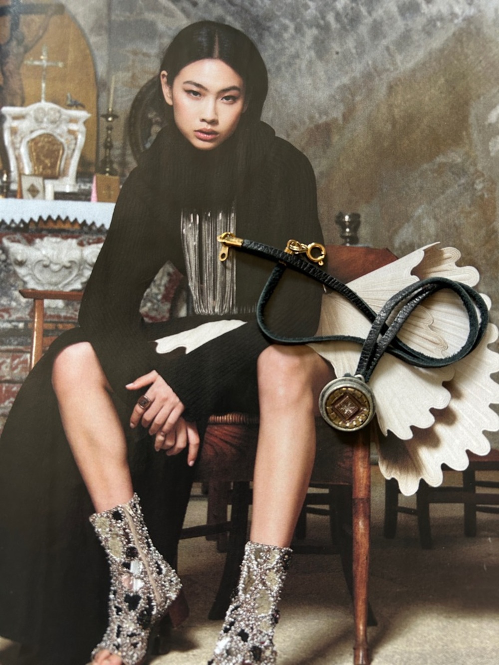 Black Leather Necklace /chocker  with vintage hand made Gold-Tone  button